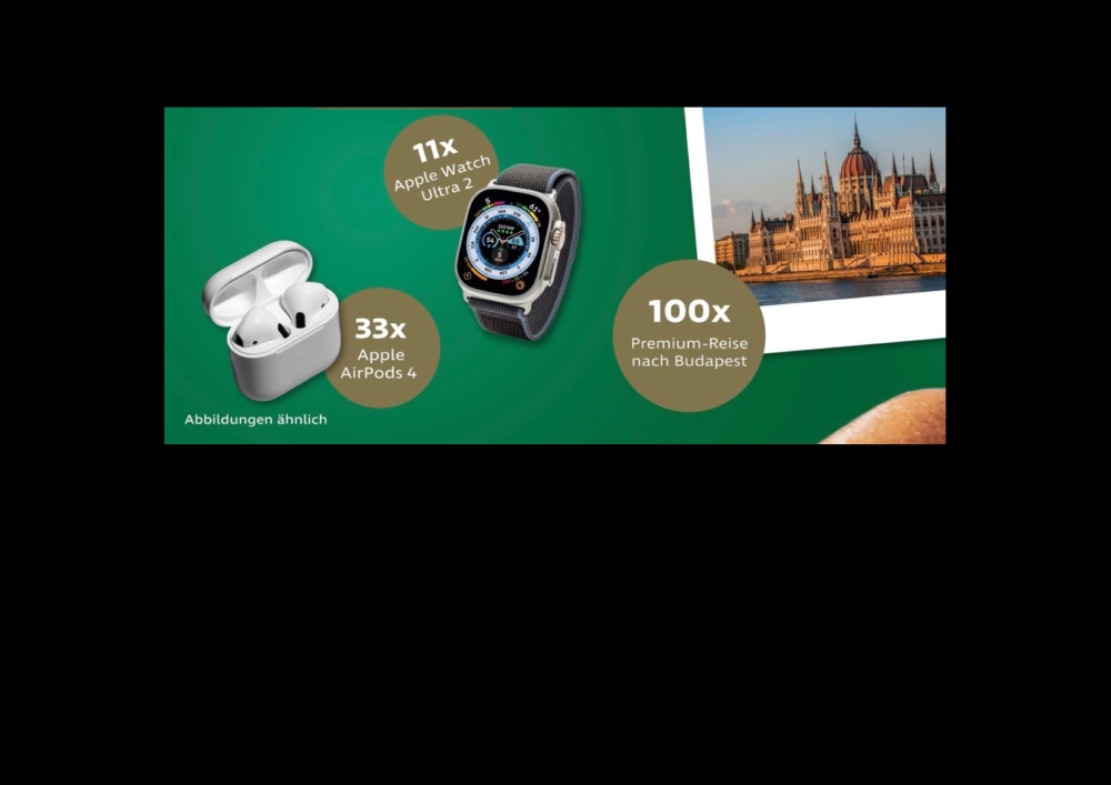 100 Premium-Reisen nach Budapest, 33 Apple AirPods, 11 Apple Watch Ultra