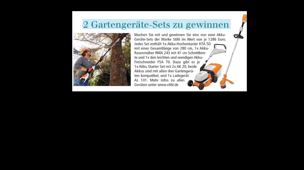 2 Akku-Gartengeräte-Sets (Rasenmäher, Freischneider... (Wert je Set: 1.286 &euro;uro)