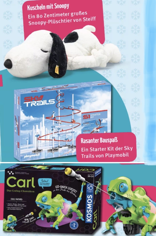 Bild 1 von Snoppy von Steiff, Sky Trails von Playmobil oder Carl- das Coding-Chamäleon